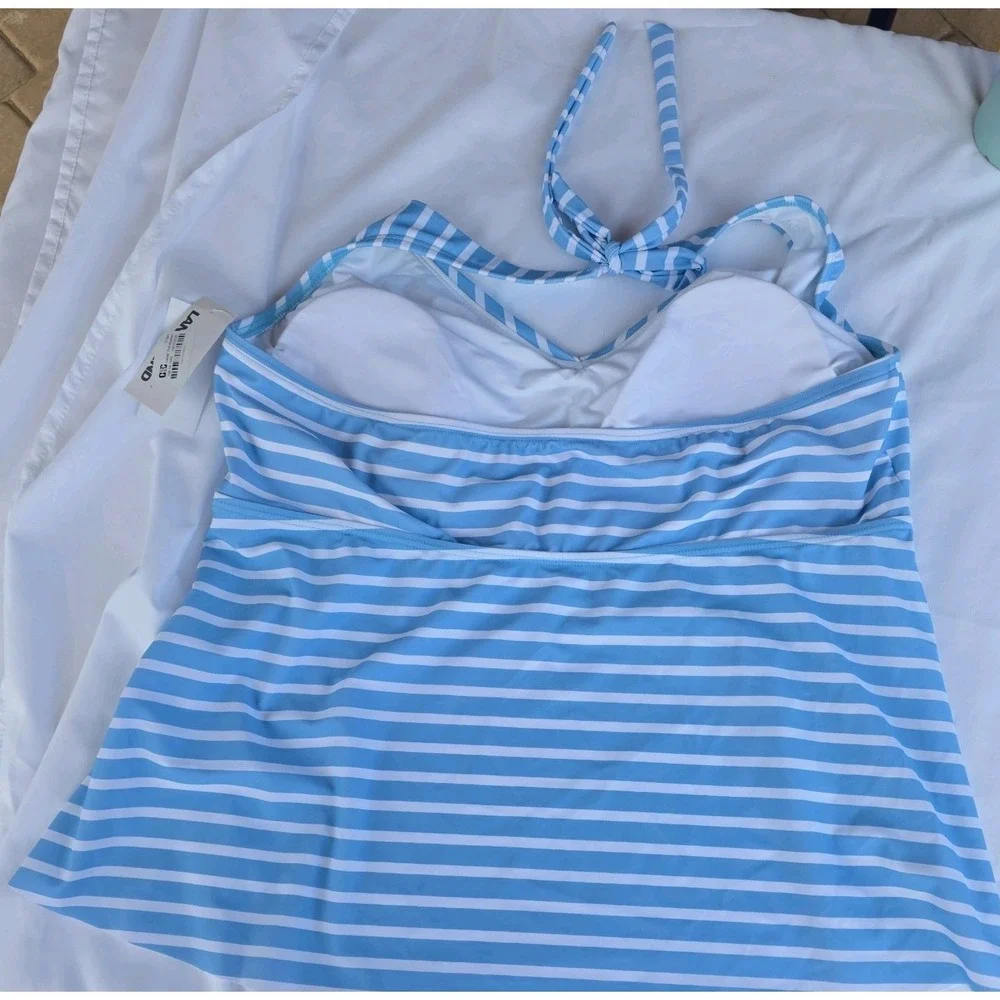 Lands' End XL Light Blue White Striped Flutter Halter Tankini Top Beach (378)